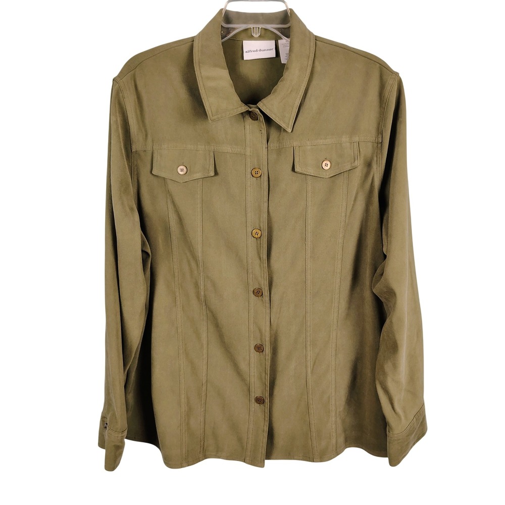 Alfred Dunner Womens SZ 18 Shirt Jacket Olive Green Faux Suede Gorpcore Utility
